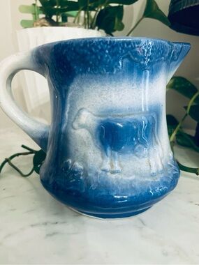 Vintage Blue Salt Glazed Stoneware Pitcher Cow in Pasture Flowers